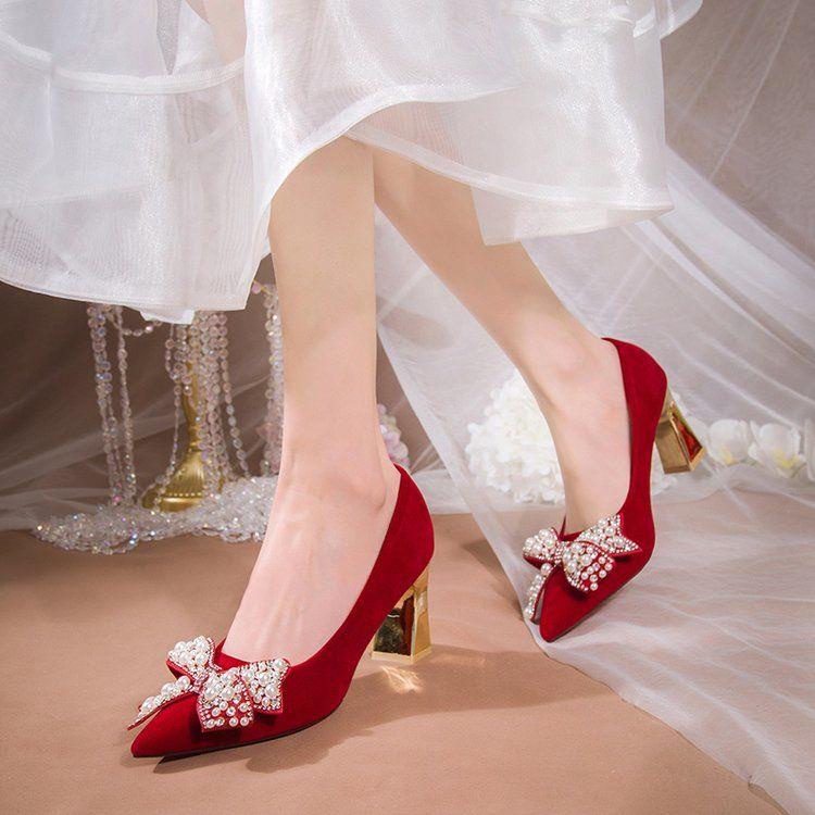 Giày Cao Gót Màu Đỏ Sang Trọng Thời Trang Mùa Đông Hàng Mới Dành Cho Cô Dâu