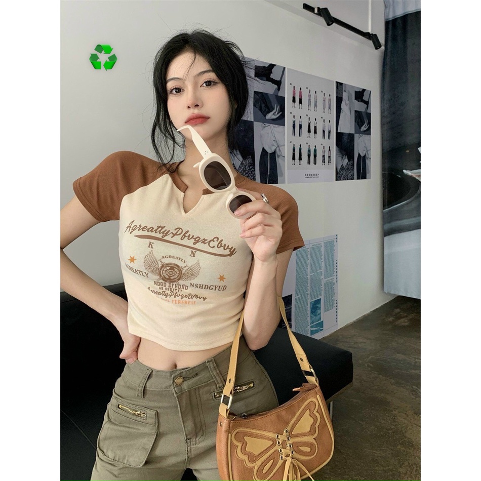 Áo thun nữ kiểu cổ tròn tay ngắn in họa tiêt dáng croptop phối màu 40