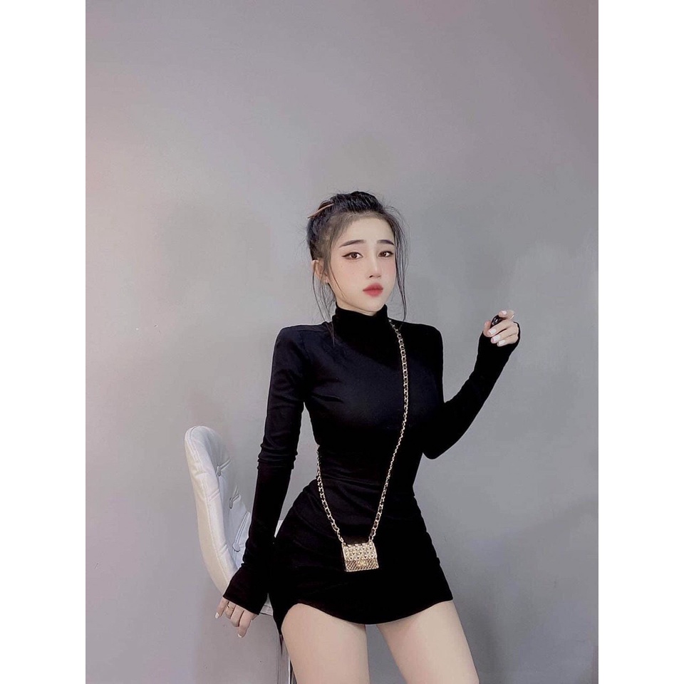 Đầm gân ôm body kiểu hở lưng cổ lọ tay dài