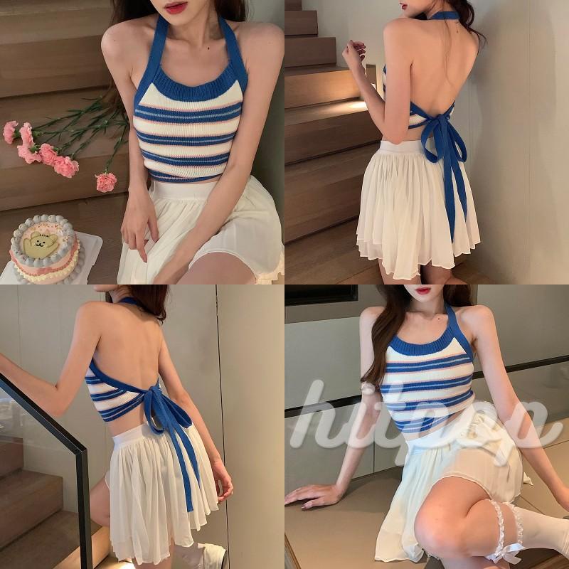 Áo croptop không tay cổ yếm hở lưng họa tiết sọc ngang màu xanh lá/xanh làm thời trang cho nữ