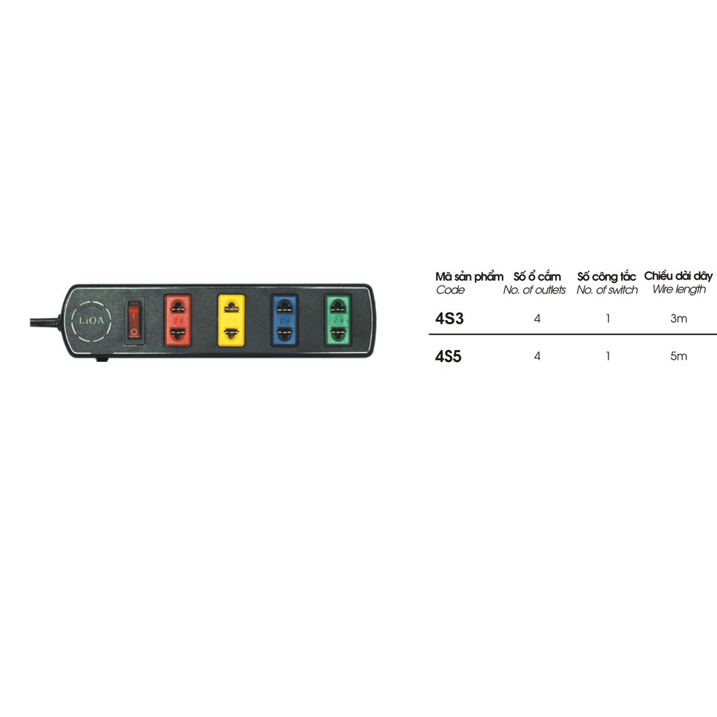 [Cam kết hàng chính hãng] Ổ cắm LIOA 4 ổ 2 chấu- có công tắc bật tắt 4S5 dây 5mx2 lõi