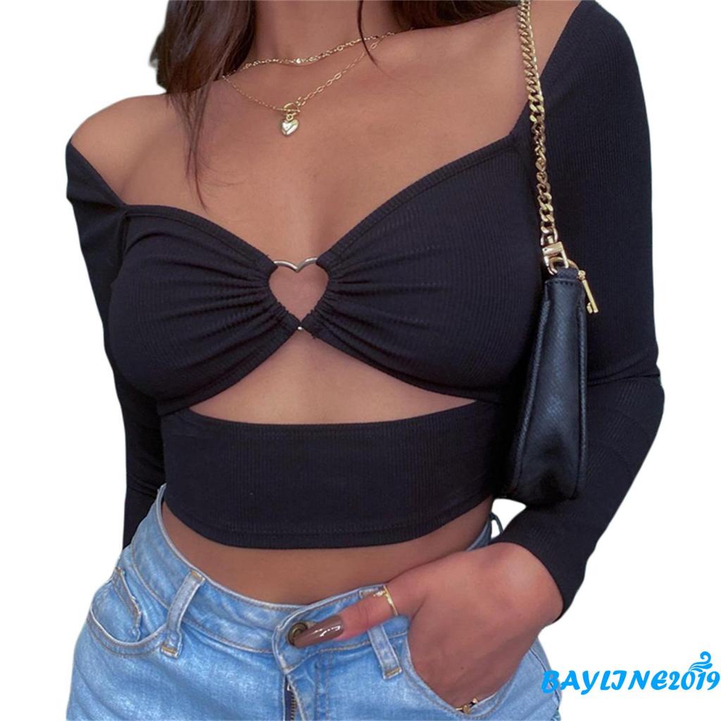 Áo Croptop Tay Dài Cổ Chữ V Màu Sắc Đơn Giản Cho Nữ