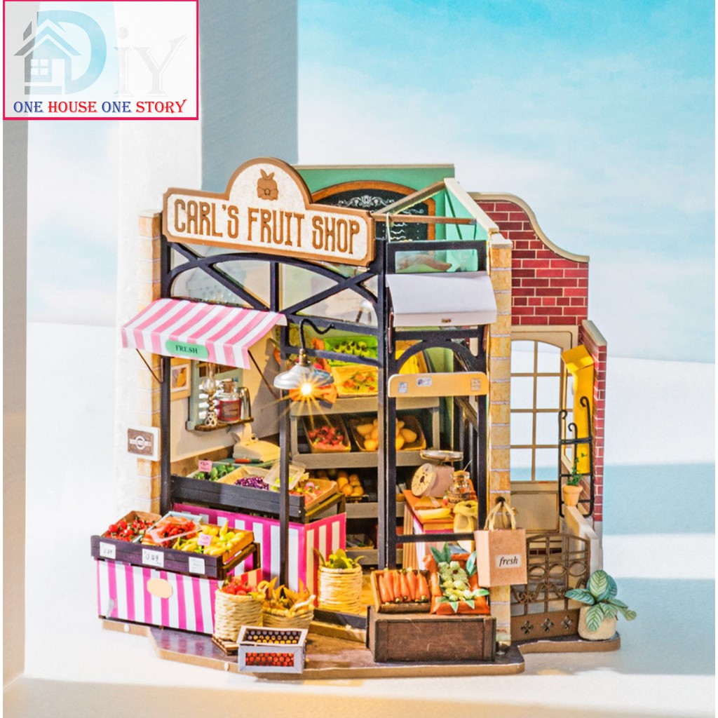 [Bản tiếng Anh]Mô hình nhà búp bê lắp ráp bằng gỗ Dollhouse DIY CARL'S FRUIT SHOP - Robotime mã DG142 (Kèm keo + nhíp)