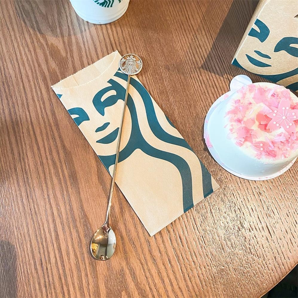 1 muỗng khuấy bằng thép không gỉ 304 cán dài 21cm họa tiết Starbucks màu vàng hồng bạc cho quán cà phê/ cửa hàng/ cửa hàng/ nhà hàng/ nhà hàng