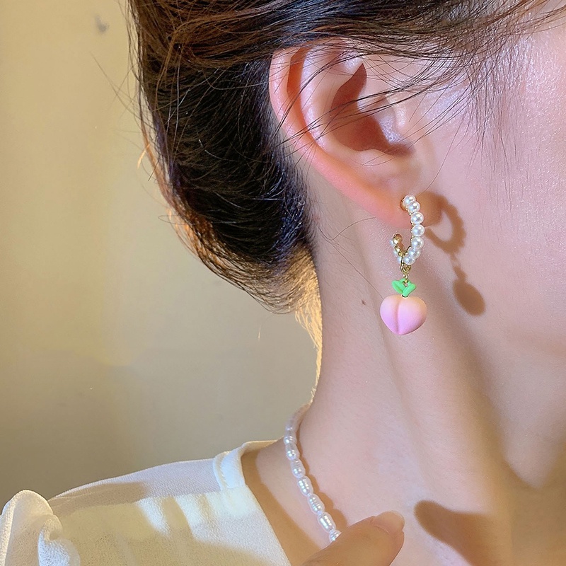 Hoa Tai Ngọc Trai Hình Trái Đào Màu Hồng Thanh Lịch Cho Nữ
