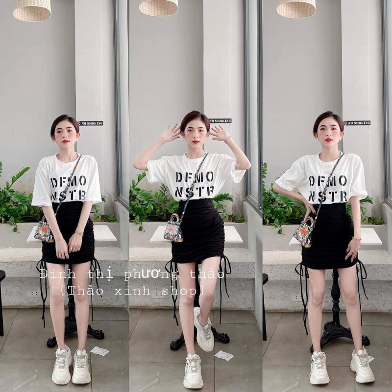 Bộ Áo Thun Chân Váy Ngắn DEMO 🦋 Set Chân Váy Kèm Áo Phông Cộc Tay In Chữ 🦋