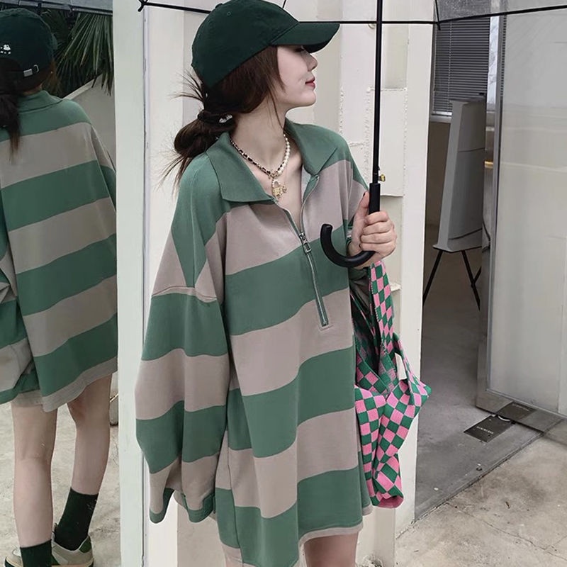 Áo Sweater Cổ polo Dáng Rộng Kẻ Sọc Kiểu Hàn Quốc Thời Trang Cho Nam Và Nữ