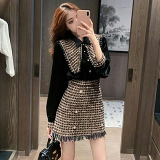 [ORDER] Set áo sơ mi nhung cổ đức chân váy ngắn kẻ tweed sang chảnh - Có ảnh thật