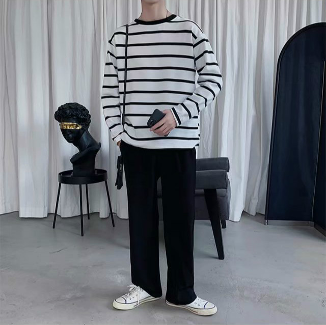 Áo thun cổ tròn dài tay dáng rộng họa tiết sọc ngang thời trang dành cho nam | BigBuy360 - bigbuy360.vn