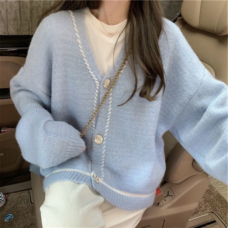 Áo Khoác Cardigan Nữ Len Dệt Kim Phối Viền Màu Hồng Xanh Dài Tay Phong Cách Hàn Quốc Loại 1 Chất len thỏ