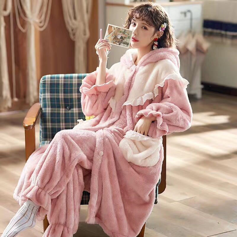 Áo Choàng Ngủ Dáng Dài Có Mũ Trùm Chất Nỉ Dày Dặn Thời Trang Thu Đông Cho Nữ