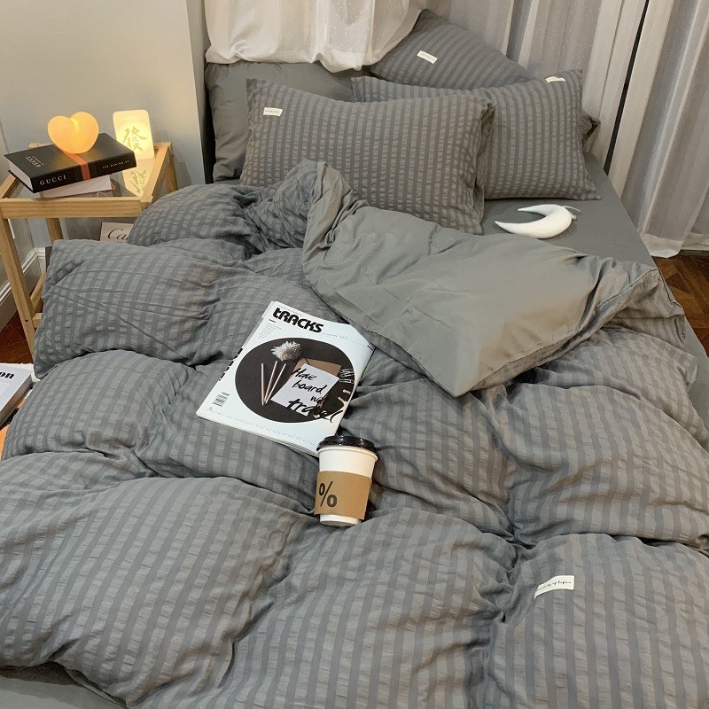 Bộ ga gối và vỏ chăn Cotton Tici Dúm Kẻ Sọc mẫu Ghi Full Decor Home