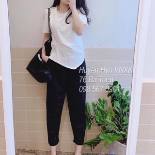 Sét bộ zúm eo vạt lệch quần cúc chéo ,