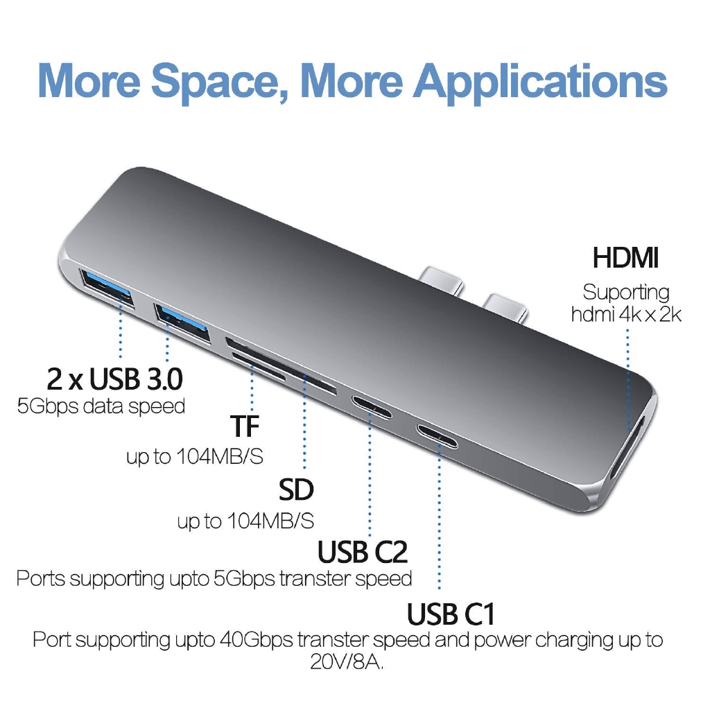 Hub Type C 7 trong 1 hai USB cho MacBook Pro có 4K HDMI USB3.0 SD/MicroSD