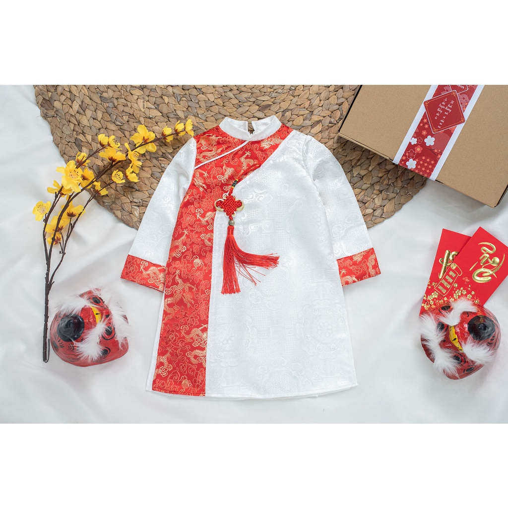 Áo dài phối 2 màu nhũ ánh kim phối gấm Thanh long (17-20kg) -họa tiết rồng nét truyền thống Mialy Kids cho bé trai
