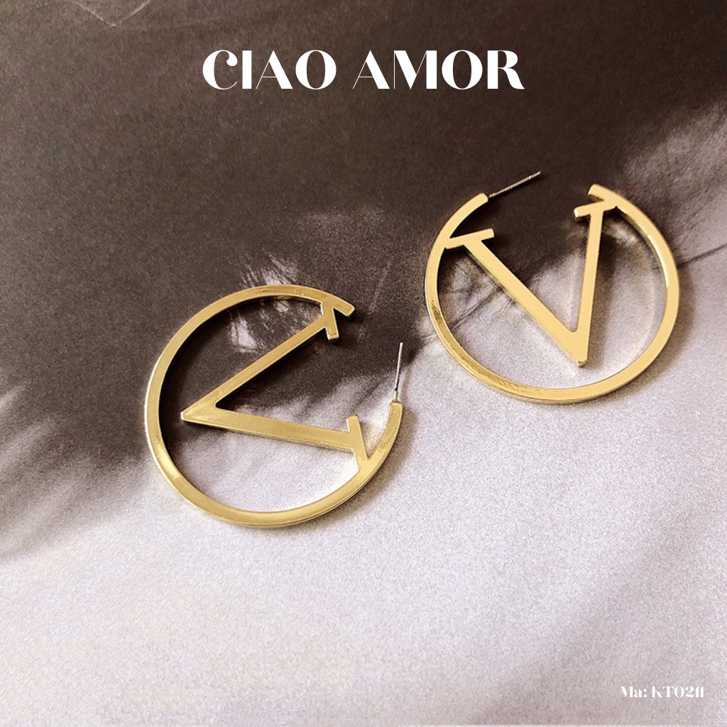 KT0211-Khuyên tai nữ, Hoa tai bạc 925 sang trọng tròn to chữ V Trang sức Ciao Amor