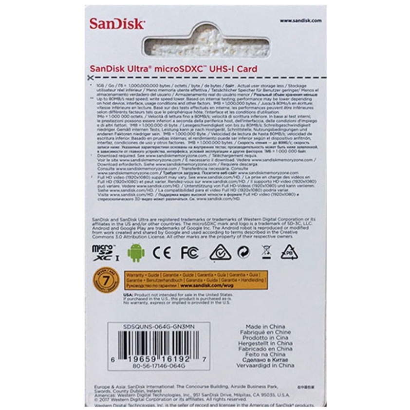 Thẻ nhớ SanDisk Ultra dung lượng 32GB/ 64GB/ 128G tốc độ cao 100mb/s, chuẩn Micro SD cho camera, điện thoại