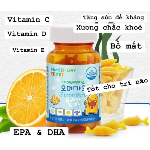 Dầu cá Omega 3 Nutri D- Day Omega 3 Baby & Kids dạng kẹo dẻo vị cam ngọt thơm dễ ăn dành cho trẻ trên 2 tuổi lọ 60 viên