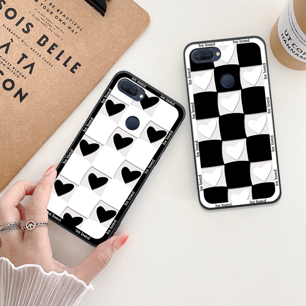 Ốp lưng Oppo A12/ A5s trái tim, hoạ tiết kẻ caro đen trắng thời trang