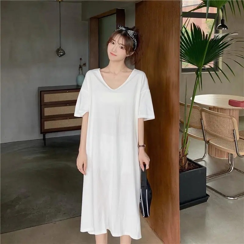 Đầm Thun Tay Ngắn Dáng Rộng Cổ Chữ V Họa Tiết Kẻ Sọc Có Kích Thước Lớn 40-150KG C8344 Dành Cho Nữ