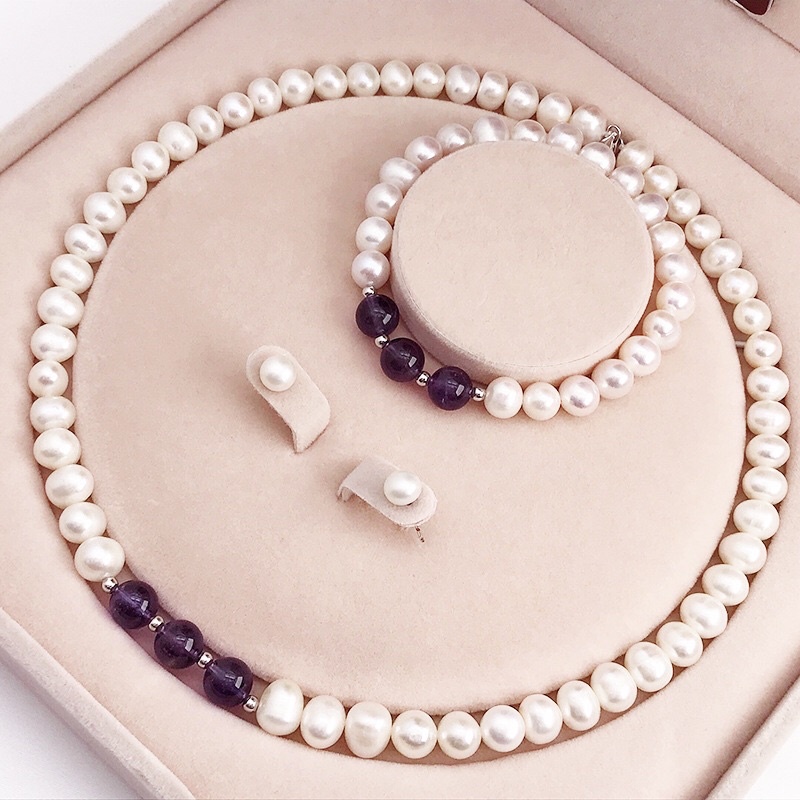 Bộ trang sức ngọc trai nhân tạo hạt 8ly mix đá tím 3 món