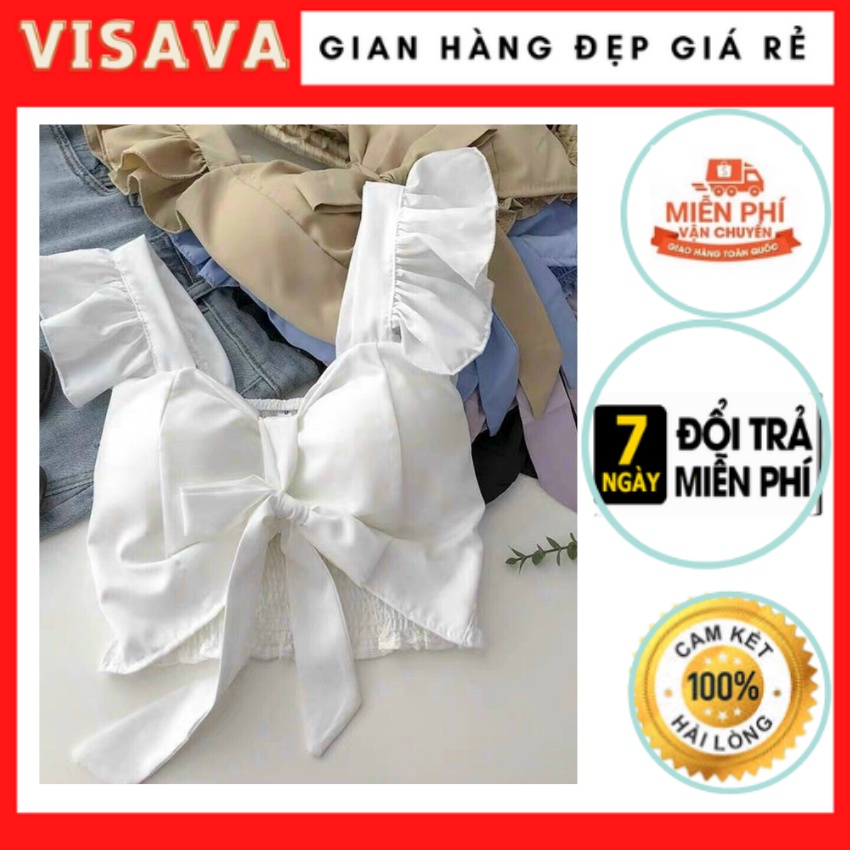 [ÁO KIỂU CÁNH TIÊN] Áo Croptop Voan Dây Phối Bèo - Nơ Ngực Nhều Màu Gợi Cảm - Visava.clothing