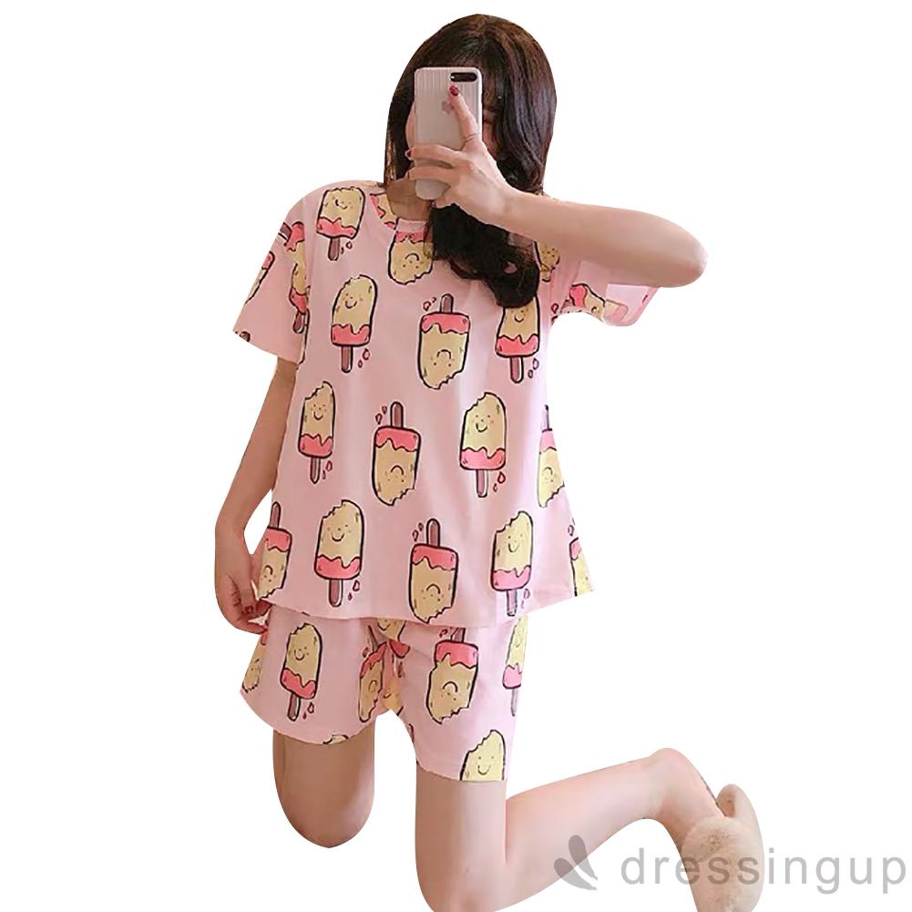 Bộ Đồ Ngủ Ngắn Tay In Họa Tiết Dễ Thương Cho Nữ