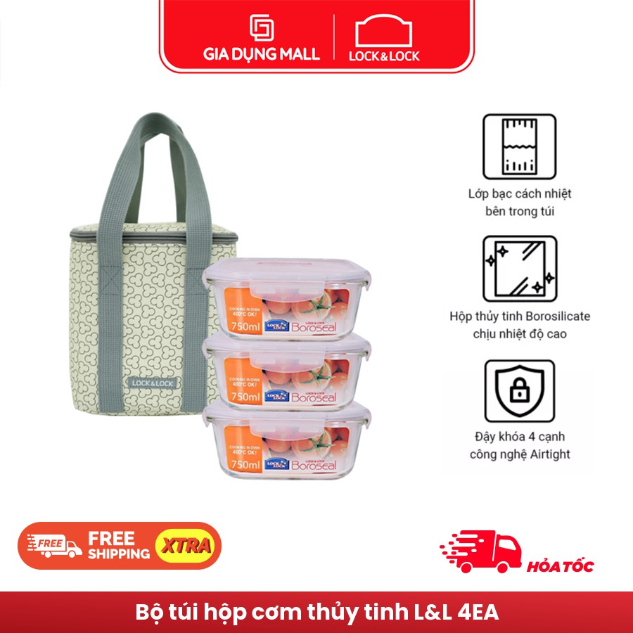 Bộ Túi Hộp Cơm Thủy Tinh Lock&amp;Lock 4EA LLG224I3 (750ml) - Hàng Chính Hãng