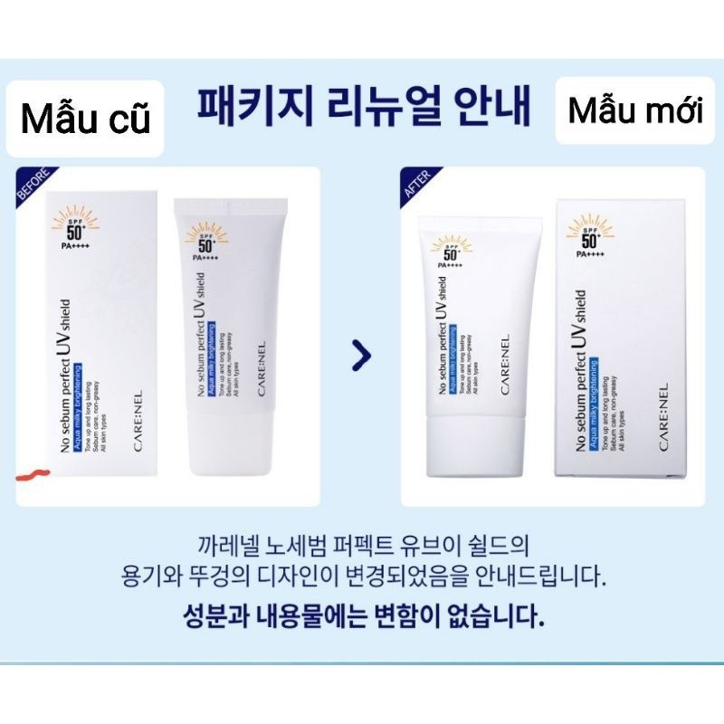 Kem Chống Nắng Vật Lý Nâng Tone Da Care:nel No Sebum Perfect UV Shield SPF50+ PA++++ 50ml