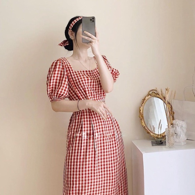 Váy Dài Qua Gối Sang Chảnh MER Váy Suông Dáng Dài Siêu Xinh Tay Bồng Cổ Vuông Kẻ Caro Kèm Tu Ban Tôn Dáng Style Hàn V10