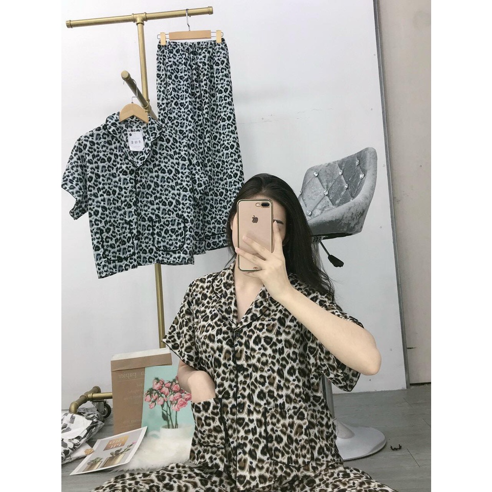 Bộ mặc nhà nữ, áo hai túi tay dơi beo, chất lụa 100d, bộ pijamas beo xinh, dễ mặc