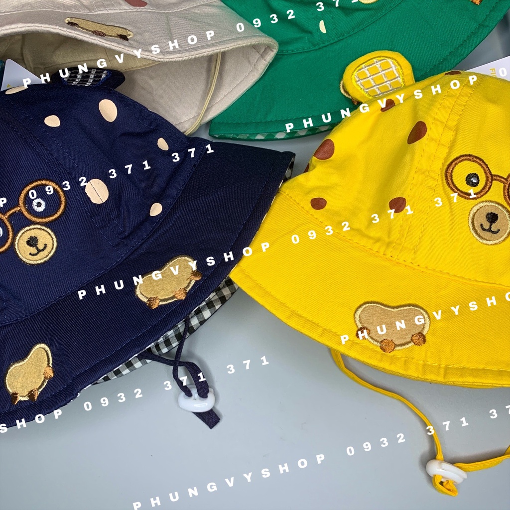 Bé dưới 12 tháng/ Vòng đầu 47cm- Mũ tai bèo vành cực dễ thương BO NHÍ GẤU ĐEO KIẾNG- Nón bucket trẻ em trai gái