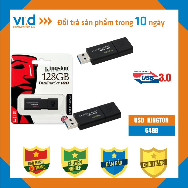 [Mã ELMS05 giảm 5% đơn 300k]USB 3.0 Kingston DataTraveler 100 G3 128GB - Hàng Chính Hãng - Bảo hành 5 năm