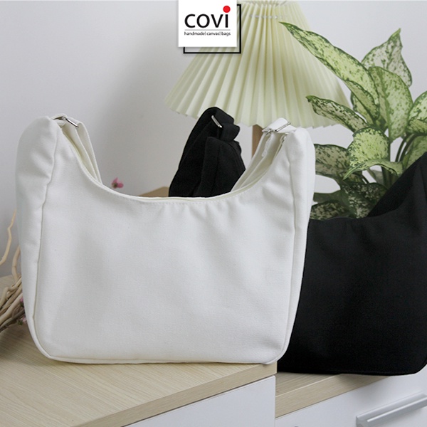 Túi tote đeo chéo vải canvas, túi vải bố, Unisex nam nữ thời trang COVI đen trắng T29