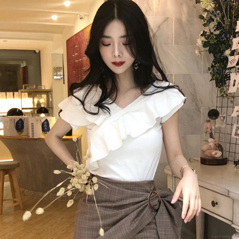 Áo kiểu tay ngắn màu trơn thiết kế quyến rũ theo phong cách Hàn Quốc