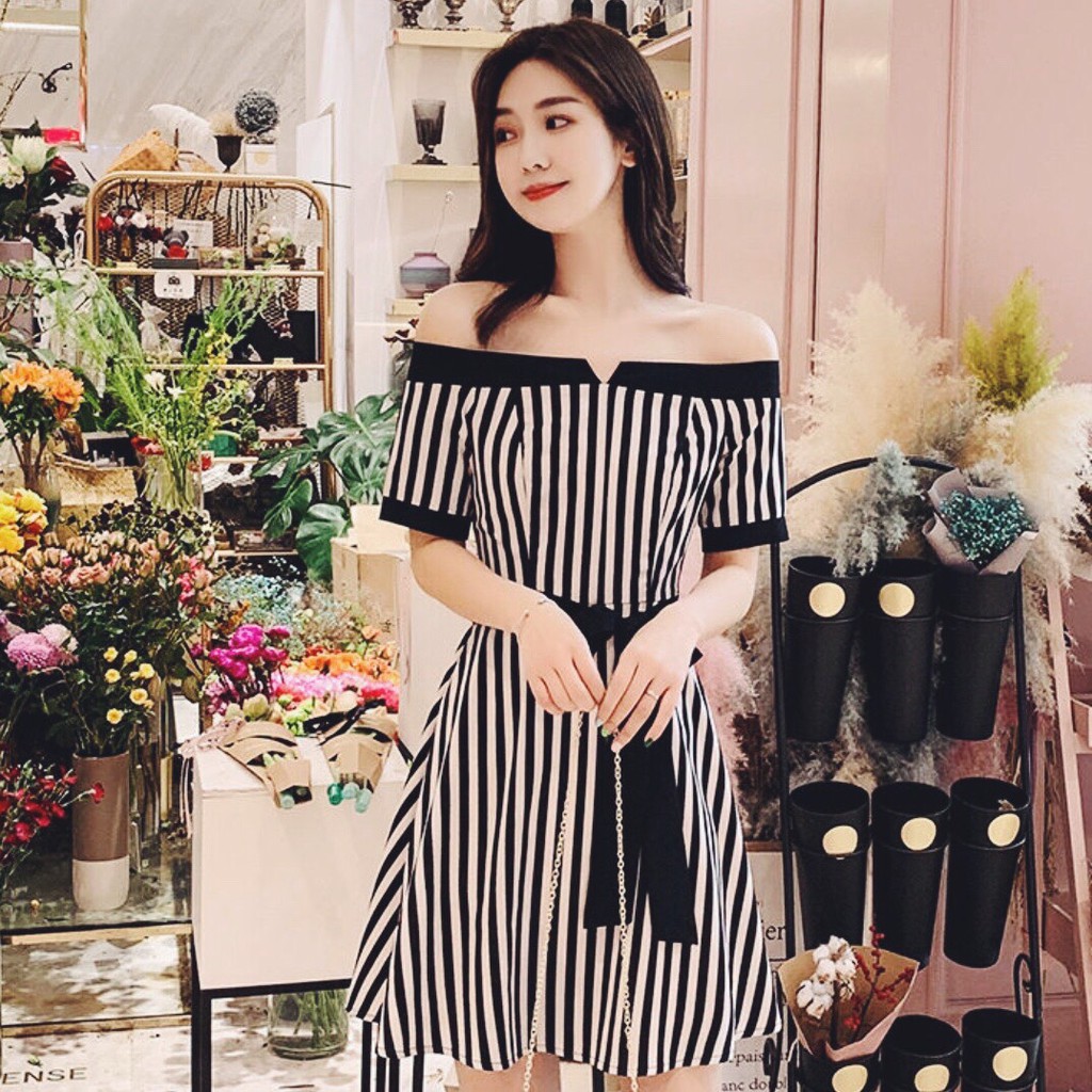 Đầm sọc xanh đen trễ vài (kèm ảnh thật)