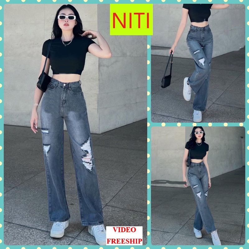 [ RẠNG ĐÔNG ] QUẦN JEANS ỐNG RỘNG NỮ LƯNG CAO RÁCH MẢNG NÚI 2 ĐÙI MÀU XÁM LAI CUỐN MỀM MỊN SIÊU PHONG CÁCH HOT HIT NITI