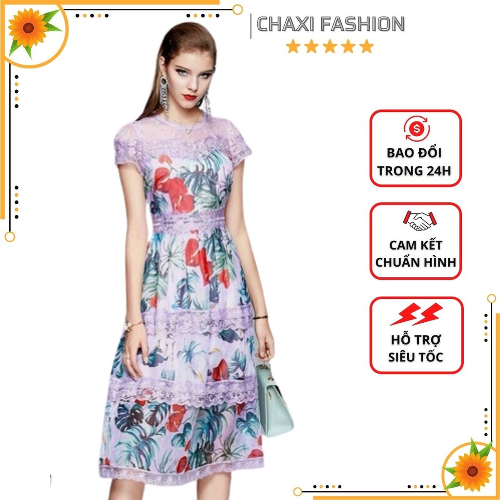 HÀNG NHẬP - ĐẦM XÒE MIDI VOAN HOA PHỐI REN MÀU TÍM SIÊU SANG - KBT127460
