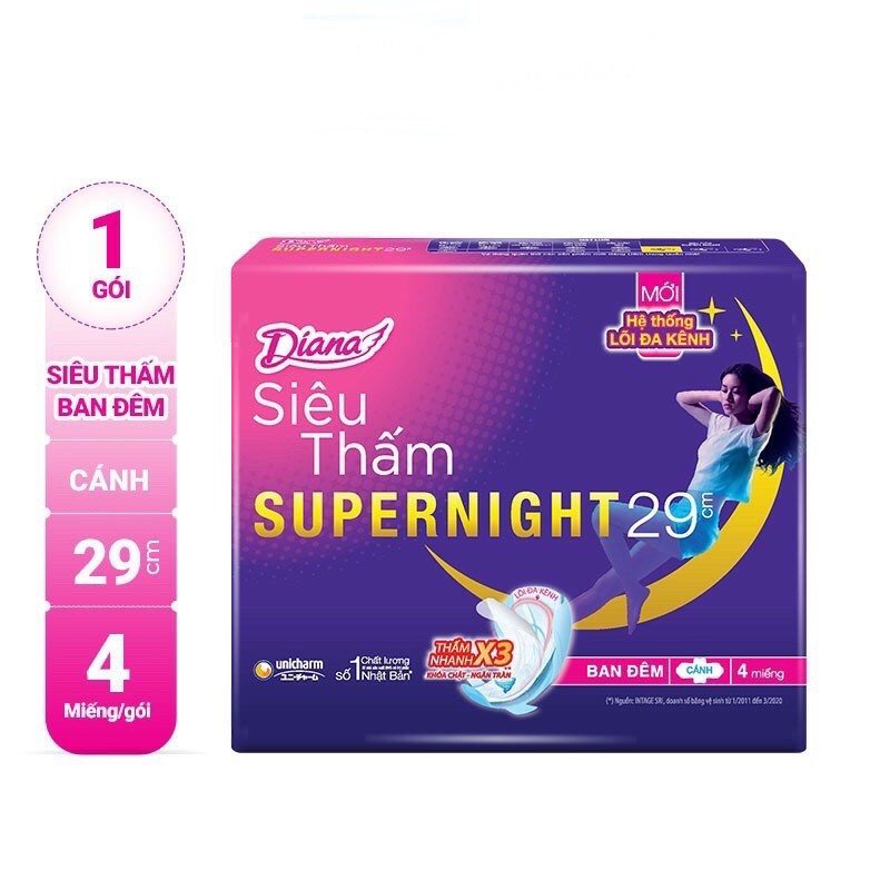 Băng vệ sinh Diana ban đêm 29cm hoặc 35cm Sensi Night - Super Night gói 3, 4 miếng và 12 miếng