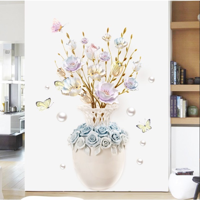 Decal giấy dán tường - bình Hoa mẫu đơn 3D sang trọng cho nhà