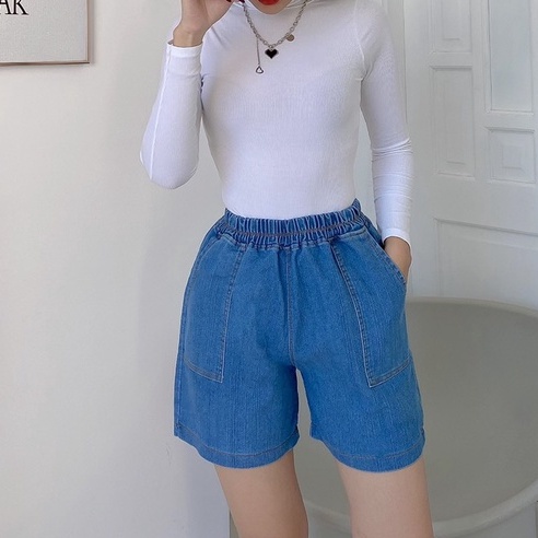 Quần short jean nữ co giãn ống rộng, quần sọt lưng chun co giãn