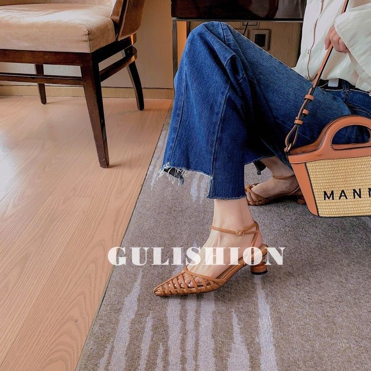 Giày Sandal Mũi Nhọn Đế Dày Vừa Quai Đan Lát Phong Cách Pháp Thời Trang Mùa Hè 2022 Cho Nữ