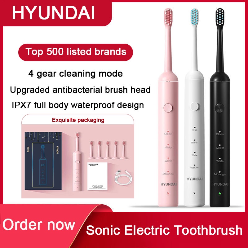 Bàn Chải Đánh Răng Điện Tử Siêu Âm Lông Mềm Chống Thấm Nước Sạc USB Cho Người Lớn HYUNDAI