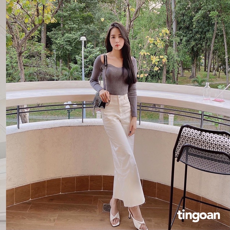 TINGOAN® - Áo len xù dài tay cổ lượn viền xám tingoan TIFFANY TOP/GR vải mới nhất t5.2023