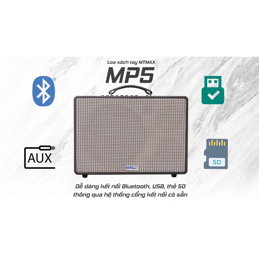 Loa kéo xách tay MTMAX MP5 du lịch ngoại hình sang trọng 3 đường tiếng đầy đủ Echo, Delay, Reverb tặng kèm 2 micro