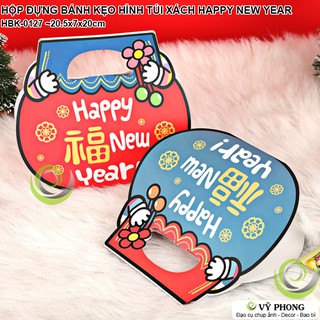 HỘP GIẤY ĐỰNG BÁNH KẸO QUÀ TẾT TRUNG THU NĂM MỚI HÌNH CHIẾC TÚI XÁCH HAPPY NEW YEAR HBK-0127