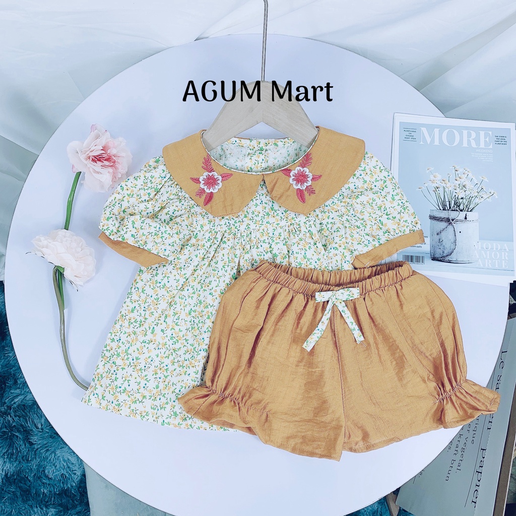 Set Bộ Hoa Nhí Bé Gái Cổ Bèo Thêu Hoa Quần Đính Nơ S01 AGUM MART Siêu Xinh Cho Bé Từ 9-20kg