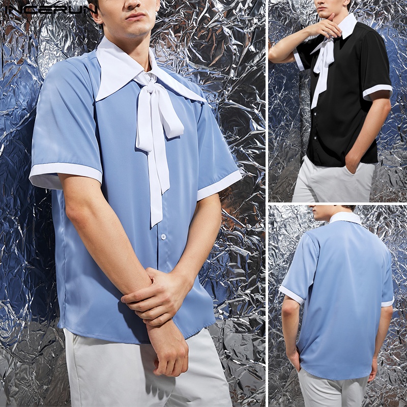 Áo sơ mi INCERUN ngắn tay phối màu retro cho nam