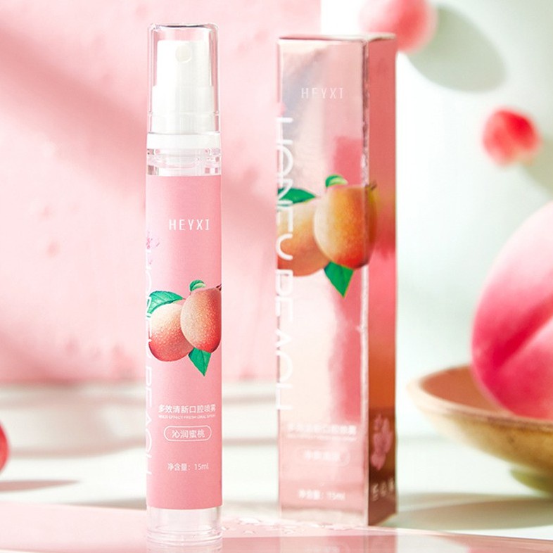 Xịt thơm miệng Heyxi khử mùi hôi miệng vị đào vị bạc hà - Chai xịt miệng 15ml nhỏ gọn tiện lợi