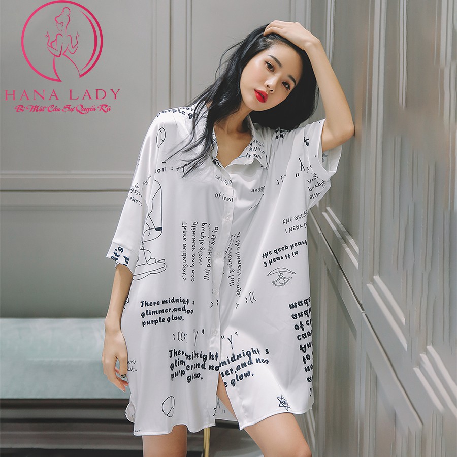 Váy ngủ nữ sơ mi lụa cao cấp, Áo ngủ đồ mặc nhà gợi cảm sang chảnh họa tiết chữ PJ382